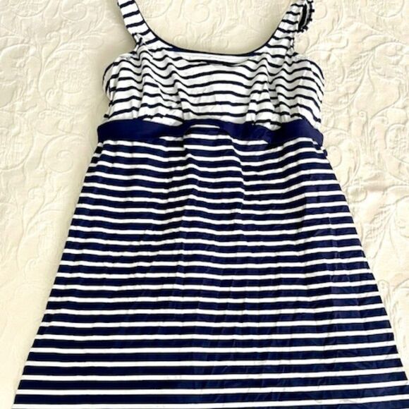 Lands End Underwire Blue White Stripe Bathing Swim Suit Dress w/ Bikini Bottom L - Picture 1 of 7